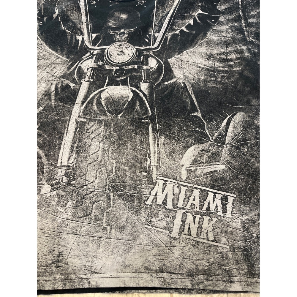 Miami Ink Skeleton Biker Motorcycle Graphic T-Shirt Mens XL Black Gildan Cotton